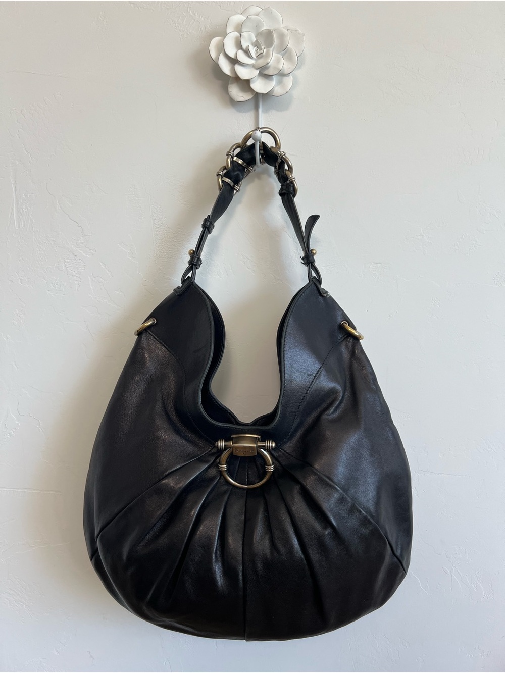 Authentic Ferragamo Black Butter Leather Hobo Shoulder Bag